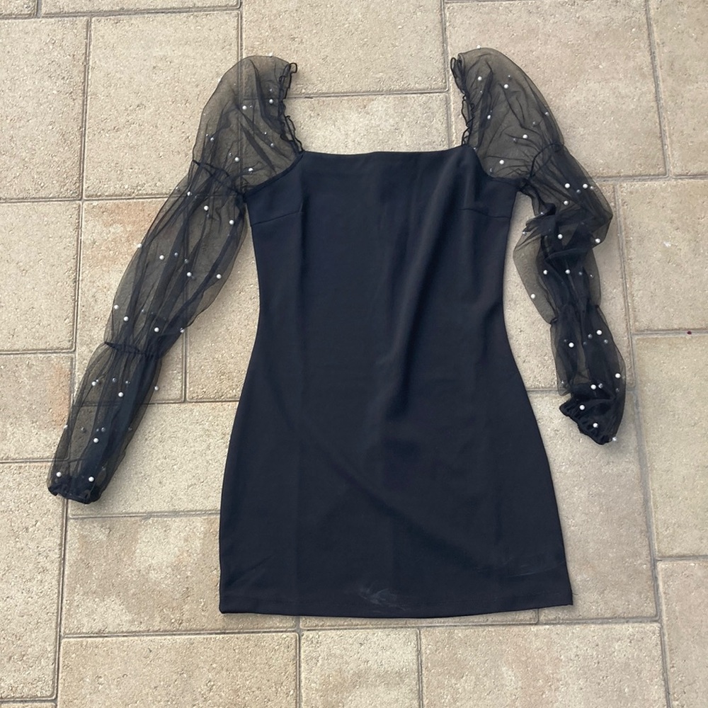 Black Sheath Dress with Bishop Sleeves and Square Neck